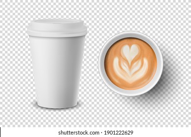 Vector 3d Realistic Paper White Disposable Cup Set Isolated with Milk Coffee Foam, Flower, Heart Pattern. Latte, Capuccino. Stock Vector Illustration. Design Template. Top and Front View