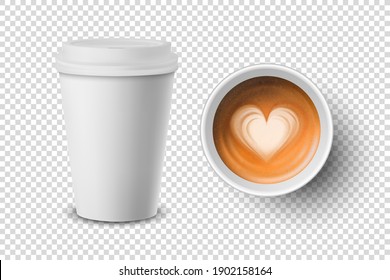 Vector 3d Realistic Paper White Disposable Cup Set Isolated with Milk Coffee Foam, Heart Pattern. Latte, Capuccino. Stock Vector Illustration. Design Template. Top and Front View