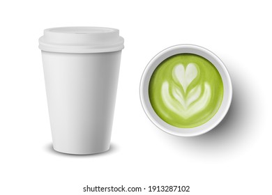 Vector 3d Realistic Paper White Disposable Cup with Lid Set, Isolated. Green Milk Matcha Foam, Flower, Heart Pattern. Stock Vector Illustration. Design Template. Top and Front View