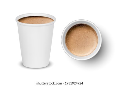 Vector 3d Realistic Paper White Disposable Cup Set Isolated with Milk Coffee Foam Isolated. Latte, Capuccino. Stock Vector Illustration. Design Template. Top and Front View