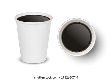 Vector 3d Realistic Paper White Disposable Cup Set Isolated with Black Coffee Isolated. Espresso, Americano, Mocha. Stock Vector Illustration. Design Template. Top and Front View