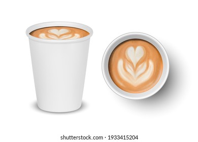 Vector 3d Realistic Paper White Disposable Cup Set Isolated with Milk Coffee Foam Isolated. Latte, Capuccino. Stock Vector Illustration. Design Template. Top and Front View