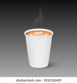 Vector 3d Realistic Paper White Disposable Cup Isolated with Hot Milk Coffee Foam. Steam, Smoke. Latte, Capuccino. Stock Vector Illustration. Design Template. Front View