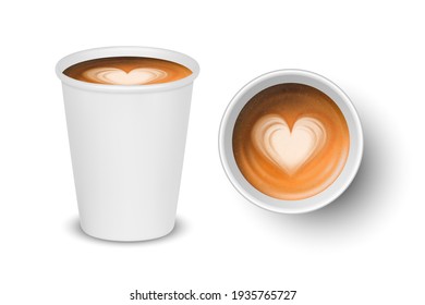 Vector 3d Realistic Paper White Disposable Cup Set Isolated with Milk Coffee Foam Isolated. Latte, Capuccino. Stock Vector Illustration. Design Template. Top and Front View