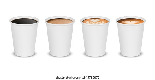 Vector 3d Realistic Paper White Disposable Cup Set Isolated with Black, Milk Coffee Foam Isolated on White Background. Latte, Capuccino, Espresso, Mocha, Americano. Design Template for Mockup