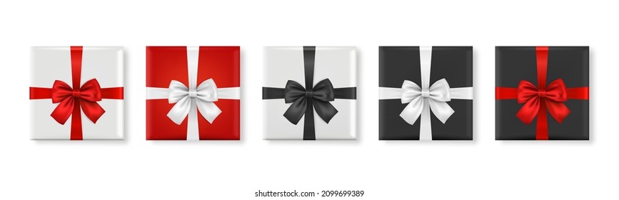 Vector 3d Realistic Paper White, Red, Black Christmas Gift Box, Bow Icon Set Isolated. New Year, Christmas, Valentine Day or Anniversary Concept. Design Template of Christmas Present Packing. Top View