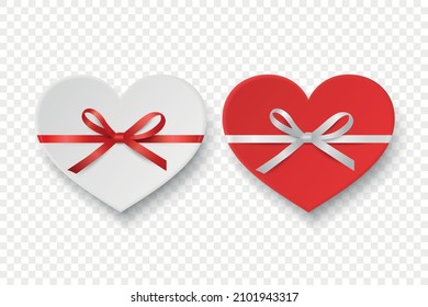 Vector 3d Realistic Paper White, Red Valentine Gift Box in the Shape of a Heart, Bow Icon Set Isolated. Valentine Day, Love Concept. Design Template of Present Packing for Valentine s Day. Top View