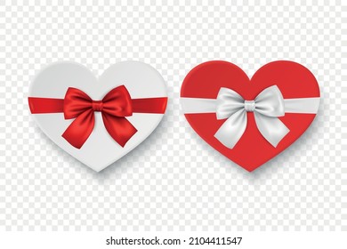 Vector 3d Realistic Paper White, Red Valentine Gift Box in the Shape of a Heart, Bow Icon Set Isolated. Valentine Day, Love Concept. Design Template of Present Packing for Valentine s Day. Top View