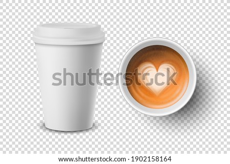 Vector 3d Realistic Paper White Disposable Cup Set Isolated with Milk Coffee Foam, Heart Pattern. Latte, Capuccino. Stock Vector Illustration. Design Template. Top and Front View