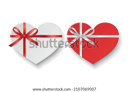 Vector 3d Realistic Paper White, Red Valentine Gift Box in the Shape of a Heart, Bow Icon Set Isolated. Valentine Day, Love Concept. Design Template of Present Packing for Valentine s Day. Top View