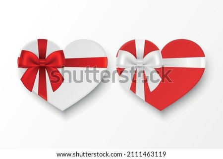 Vector 3d Realistic Paper White, Red Valentine Gift Box in the Shape of a Heart, Bow Icon Set Isolated. Valentine Day, Love Concept. Design Template of Present Packing for Valentine s Day. Top View