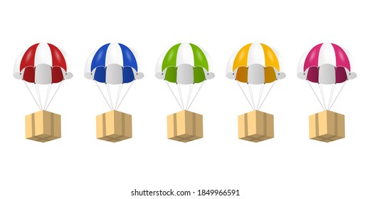 Paracaídas Realista Vector 3d con Cajas de papel Icono Conjunto Aislado en Fondo Blanco. Plantilla de diseño para servicios de entrega, correo, comercio electrónico, concepto deportivo, banner web, mockup. Vista frontal