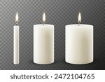 Vector 3D Realistic Paraffin Wax Burning Party Spa Candle and Burning Flame Set Closeup Isolated. Candle, Candle Flame Design Template for Relaxation, Wellness, and Celebration Concept, Front View
