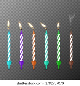 Vector 3d Realistic Paraffin or Wax Birthday Party Burning Candles with Different Flame Icon Set Closeup Isolated on Transparent Background. Design Template, Clipart