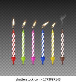 Vector 3d Realistic Paraffin or Wax Birthday Party Burning Candles Icon Set with Different Flame Closeup Isolated on Transparent Background. Design Template, Clipart