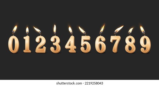 Vector 3d Realistic Paraffin or Wax Burning Golden Birthday Party Candles, Numbers and Different Flame of a Candle Icon Set Isolated. Design Template, Clipart, Birthday Concept