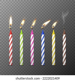 Vector 3d Realistic Paraffin or Wax Burning Birthday Party Candle and Different Flame of a Candle Icon Set Isolated. Design Template, Clipart, Birthday Concept