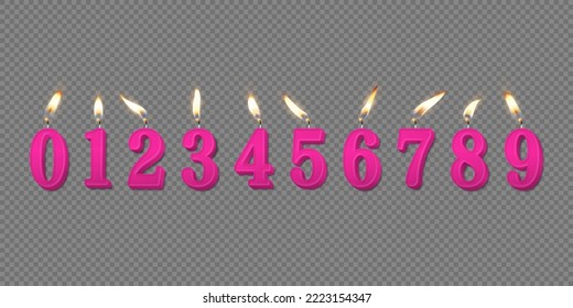 Vector 3d Realistic Paraffin or Wax Burning Pink Birthday Party Candles, Numbers and Different Flame of a Candle Icon Set Isolated. Design Template, Clipart, Birthday Concept. Top View