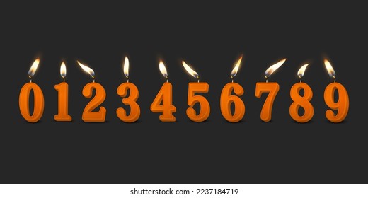 Vector 3d Realistic Paraffin or Wax Burning Orange Birthday Party Candles, Numbers and Different Flame of a Candle Icon Set Isolated. Design Template, Clipart, Birthday Concept. Front View
