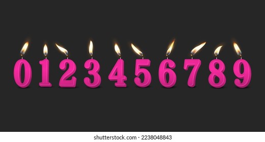 Vector 3d Realistic Paraffin or Wax Burning Pink Birthday Party Candles, Numbers and Different Flame of a Candle Icon Set Isolated. Design Template, Clipart, Birthday Concept. Front View