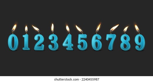 Vector 3d Realistic Paraffin or Wax Burning Blue Birthday Party Candles, Numbers and Different Flame of a Candle Icon Set Isolated. Design Template, Clipart, Birthday Concept. Front View