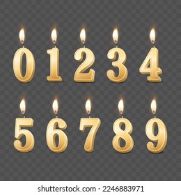 Vector 3d Realistic Paraffin or Wax Burning Yellow Golden Birthday Party Candles, Numbers and Different Flame of a Candle Icon Set Isolated. Design Template, Clipart, Birthday Concept. Front View