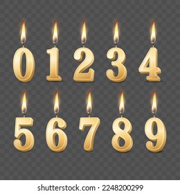 Vector 3d Realistic Paraffin or Wax Burning Yellow Golden Birthday Party Candles, Numbers and Different Flame of a Candle Icon Set Isolated. Design Template, Clipart, Birthday Concept. Front View