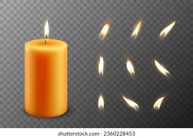 Vector 3d Realistic Paraffin Wax Burning Party, Spa Candle and Burning Flame Set Closeup Isolated. Candle, Candle FlameDesign Template, Front View