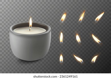 Vector 3d Realistic Paraffin Wax Burning Party, Spa Candle and Burning Flame Set Closeup Isolated. Candle, Candle FlameDesign Template, Front View