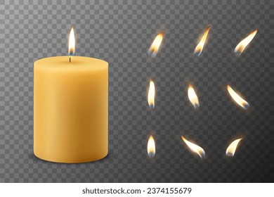 Vector 3d Fiesta Realista de Quemadura de Cera de Parafina, Vela Spa Candle y Arco de Llama Ardiente Aislado. Vela, plantilla de diseño de llama de velas, vista frontal