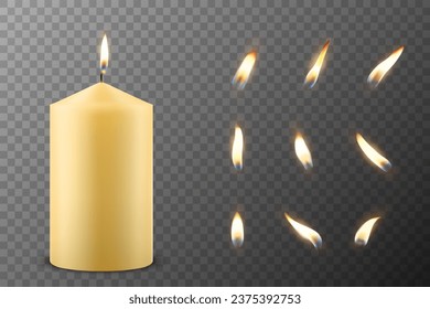 Vector 3d Realistic Paraffin Wax Burning Party, Spa Candle and Burning Flame Set Closeup Isolated. Candle, Candle FlameDesign Template, Front View