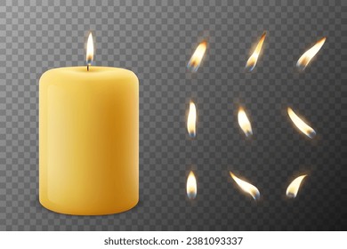 Vector 3d Realistic Paraffin Wax Burning Party, Spa Candle and Burning Flame Set Closeup Isolated. Candle, Candle Flame Design Template, Front View