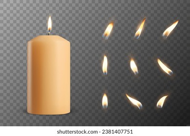 Vector 3d Realistic Paraffin Wax Burning Party, Spa Candle and Burning Flame Set Closeup Isolated. Candle, Candle Flame Design Template, Front View