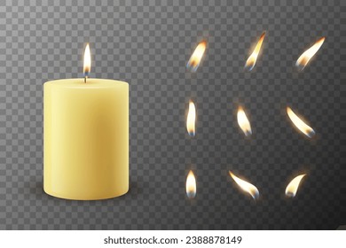 Vector 3d Realistic Paraffin Wax Burning Party, Spa Candle and Burning Flame Set Closeup Isolated. Candle, Candle Flame Design Template, Front View