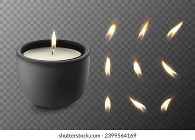 Vector 3d Realistic Paraffin Wax Burning Party, Spa Candle and Burning Flame Set Closeup Isolated. Candle, Candle Flame Design Template, Front View