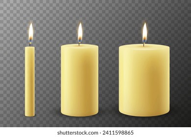 Vector 3d Realistic Paraffin or Wax Burning Party, Spa Candles Set with Flame of a Candle, Isolated. Candle Design Template, Front View