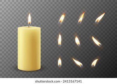 Vector 3d Realistic Paraffin Wax Burning Party, Spa Candle and Burning Flame Set Closeup Isolated. Candle, Candle Flame Design Template, Front View