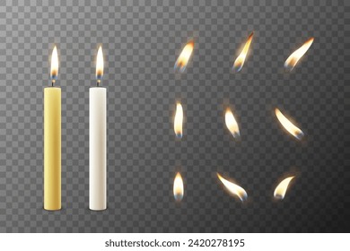 Vector 3D Realistic Paraffin Wax Burning Party Spa Candle and Burning Flame Set Closeup Isolated. Candle, Candle Flame Design Template for Relaxation, Wellness, and Celebration Concept, Front View