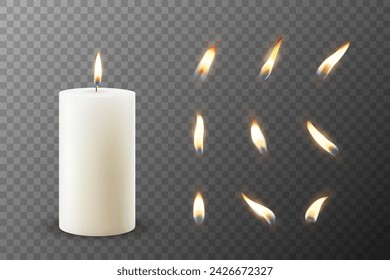 Vector 3D Realistic Paraffin Wax Burning Party Spa Candle and Burning Flame Set Closeup Isolated. Candle, Candle Flame Design Template for Relaxation, Wellness, and Celebration Concept, Front View