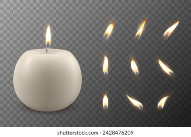 Vector 3D Realistic Paraffin Wax Burning Party Spa Candle and Burning Flame Set Closeup Isolated. Candle, Candle Flame Design Template for Relaxation, Wellness, and Celebration Concept, Front View