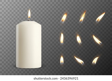 Vector 3D Realistic Paraffin Wax Burning Party Spa Candle and Burning Flame Set Closeup Isolated. Candle, Candle Flame Design Template for Relaxation, Wellness, and Celebration Concept, Front View