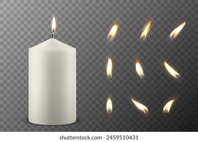 Vector 3D Realistic Paraffin Wax Burning Party Spa Candle and Burning Flame Set Closeup Isolated. Candle, Candle Flame Design Template for Relaxation, Wellness, and Celebration Concept, Front View