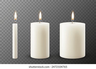 Vector 3D Realistic Paraffin Wax Burning Party Spa Candle and Burning Flame Set Closeup Isolated. Candle, Candle Flame Design Template for Relaxation, Wellness, and Celebration Concept, Front View