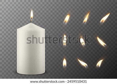 Vector 3D Realistic Paraffin Wax Burning Party Spa Candle and Burning Flame Set Closeup Isolated. Candle, Candle Flame Design Template for Relaxation, Wellness, and Celebration Concept, Front View