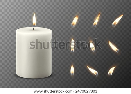 Vector 3D Realistic Paraffin Wax Burning Party Spa Candle and Burning Flame Set Closeup Isolated. Candle, Candle Flame Design Template for Relaxation, Wellness, and Celebration Concept, Front View