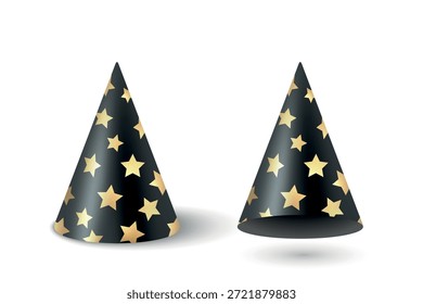 Conjunto de chapéus de festa realista 3d vetorial. Chapéu de Festa de Celebração Brilhante para Aniversário. Ano Novo, Evento de Férias, Decoração de Carnaval. Acessório festivo. Ilustração de chapéu de festa