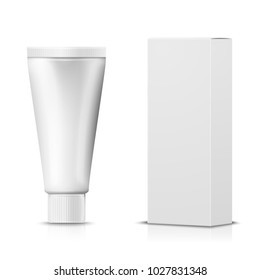 Vector 3d realistic paste tube with paper box on white background with reflection. Mock-up for product package branding.