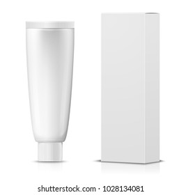 Vector 3d realistic paste tube with paper box on white background with reflection. Mock-up for product package branding.