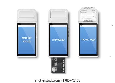 Vector 3d Realistic Payment Machine. POS Terminal, Paper Receipt, Credit Card Isolated. Design Template, Bank Payment Terminal, Mockup. Processing NFC Payments Device. Top View