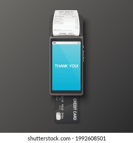 Vector 3d Realistic Payment Machine, Receipt, Plastic Credit Card. POS Terminal, Paper Receipt, Payment Card. Design Template, Bank Payment Terminal, Mockup. Processing NFC Payments Device. Top View